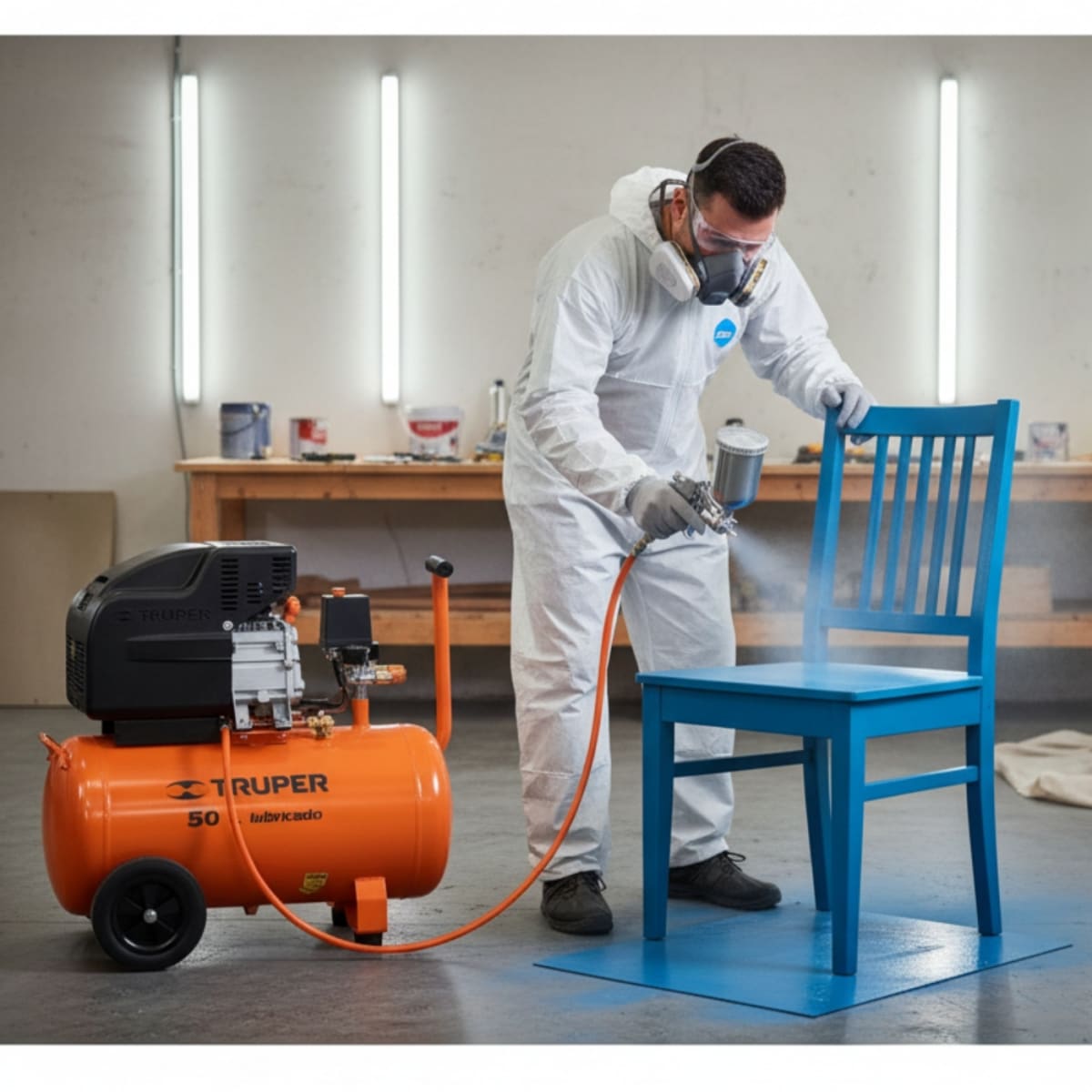 Combo compresora de 50L con manguera y pistola para pintar11