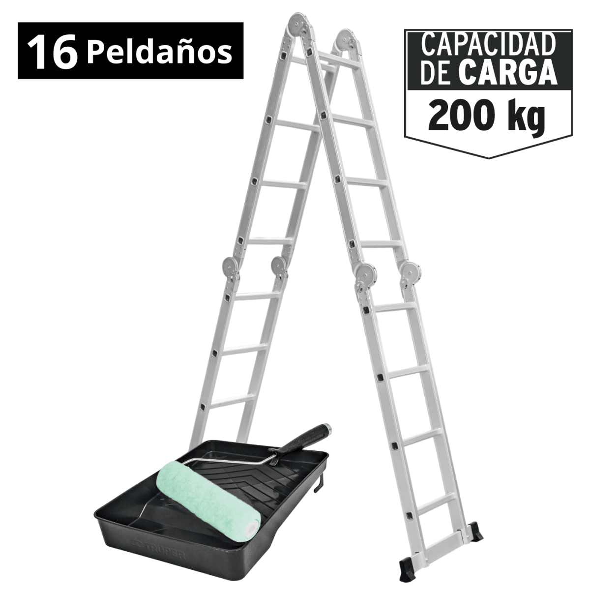 Combo Escalera Multiposicion 16 pasos + Rodillo y bandeja Truper1