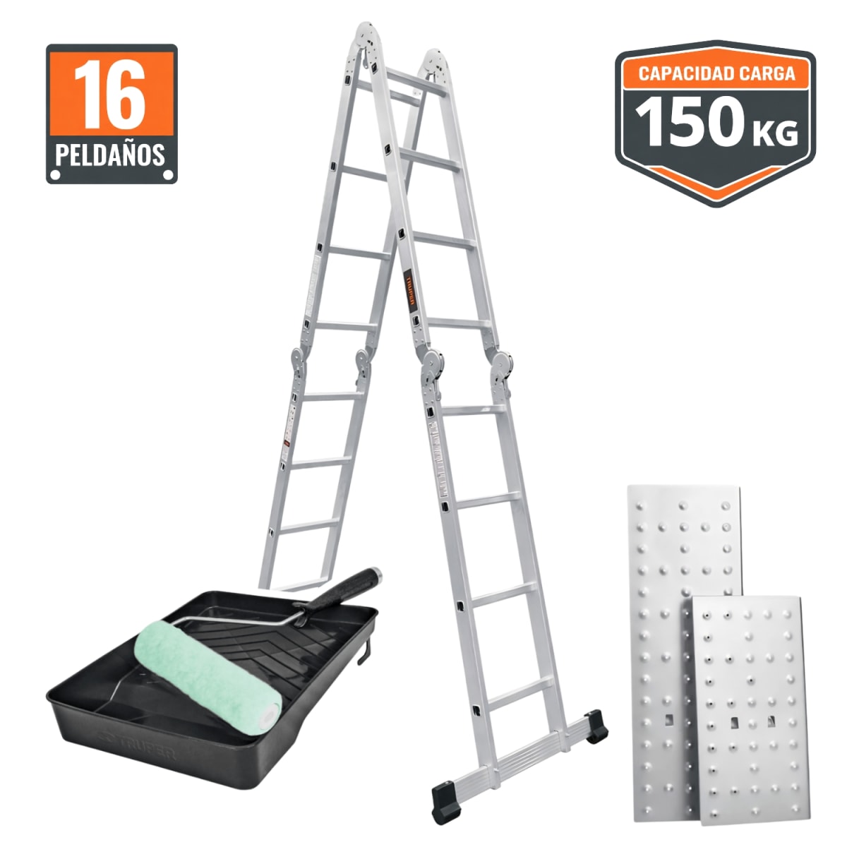 Combo Escalera Multiposicion 16 pasos + Rodillo y bandeja Truper1