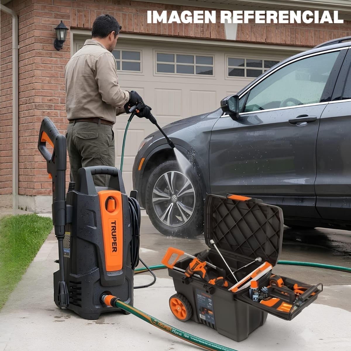 Hidrolavadora + manguera 10m con caja de herramientas con ruedas Truper3
