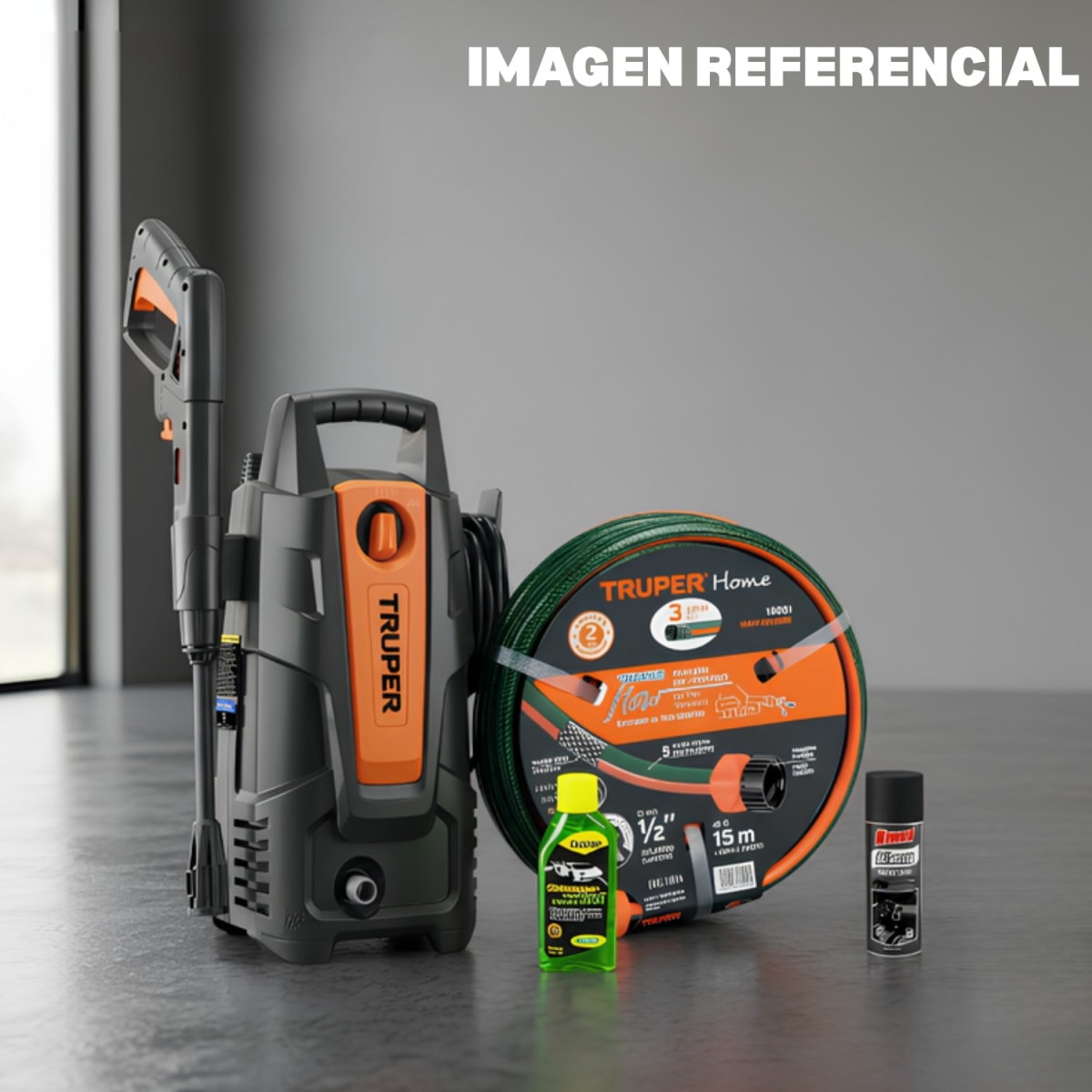 Hidrolavadora Eléctrica 1500PSI + Manguera 15m Truper + Shampu + Silicona2