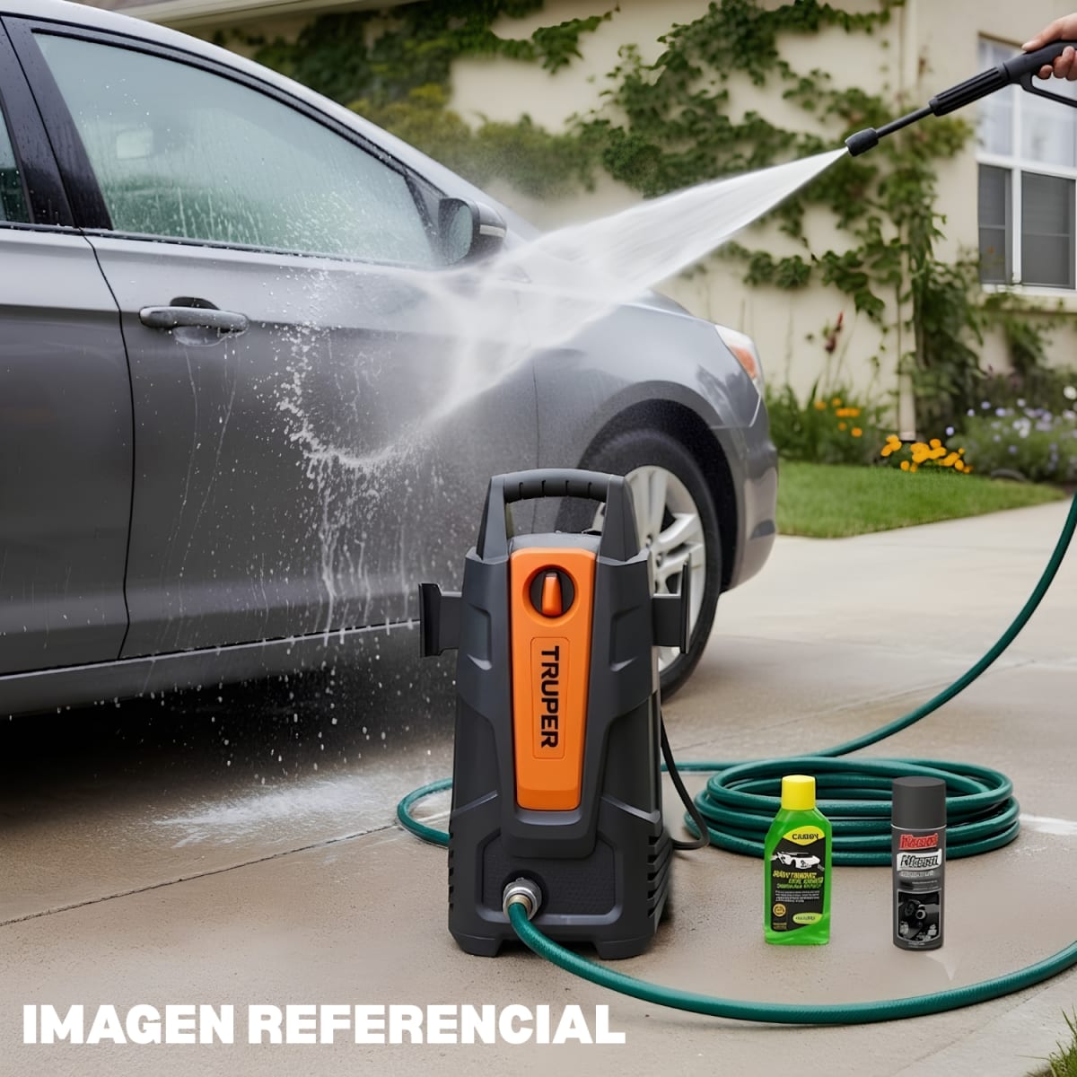 Hidrolavadora Eléctrica 1500PSI + Manguera 15m Truper + Shampu + Silicona3