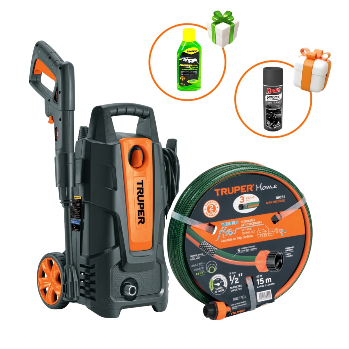 Hidrolavadora Eléctrica 1500PSI + Manguera 15m Truper + Shampu + Silicona1