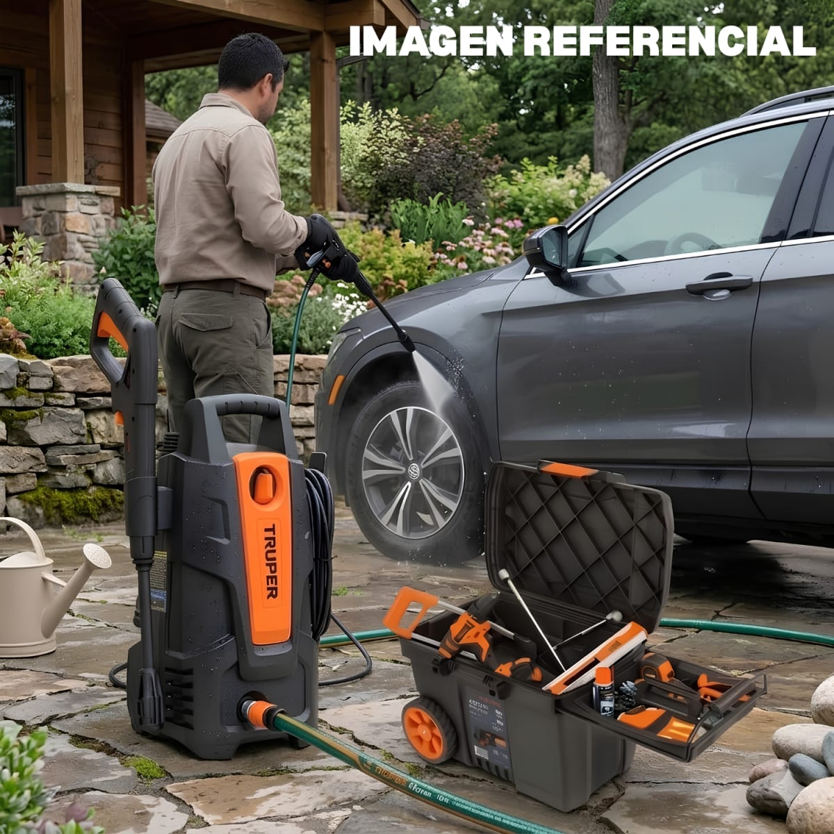 Hidrolavadora + manguera 15m con caja de herramientas con ruedas Truper3