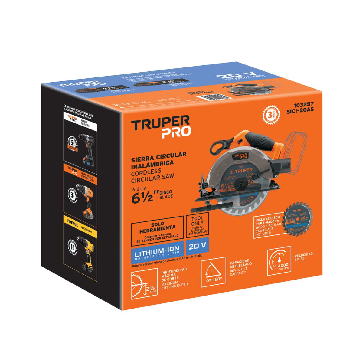 Sierra Circular 6 1/2 20V + 1 Bateria 4ah + Cargador Truper7
