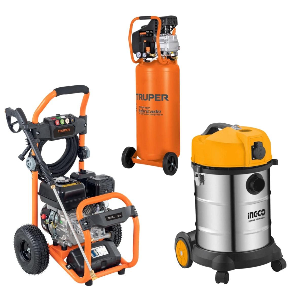 Hidrolavadora a Gasolina Truper + Compresora 80 litros Truper + Aspiradora 30L Ingco1