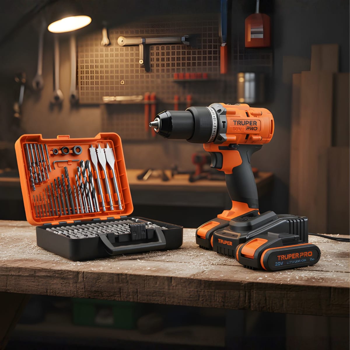 Taladro percutor 2 baterias  + juego de 100 brocas y puntas Truper2