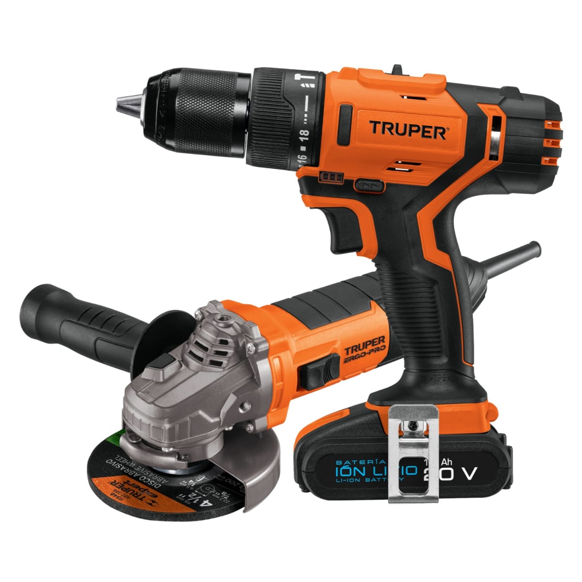 Taladro percutor inalambrico 20v + Amoladora profesional 850w Truper1