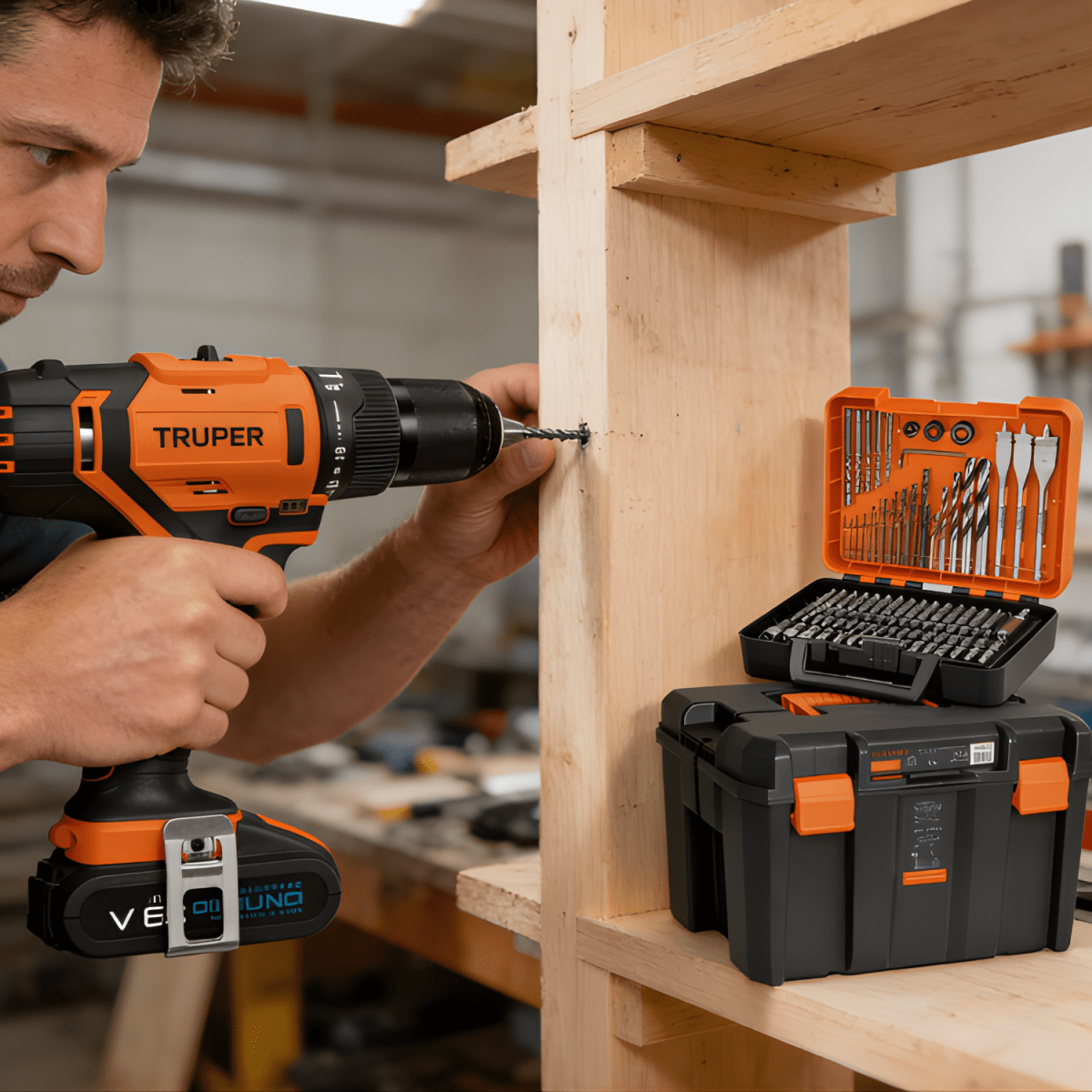 Taladro Percutor + Juego de 100 brocas y puntas + caja Truper3