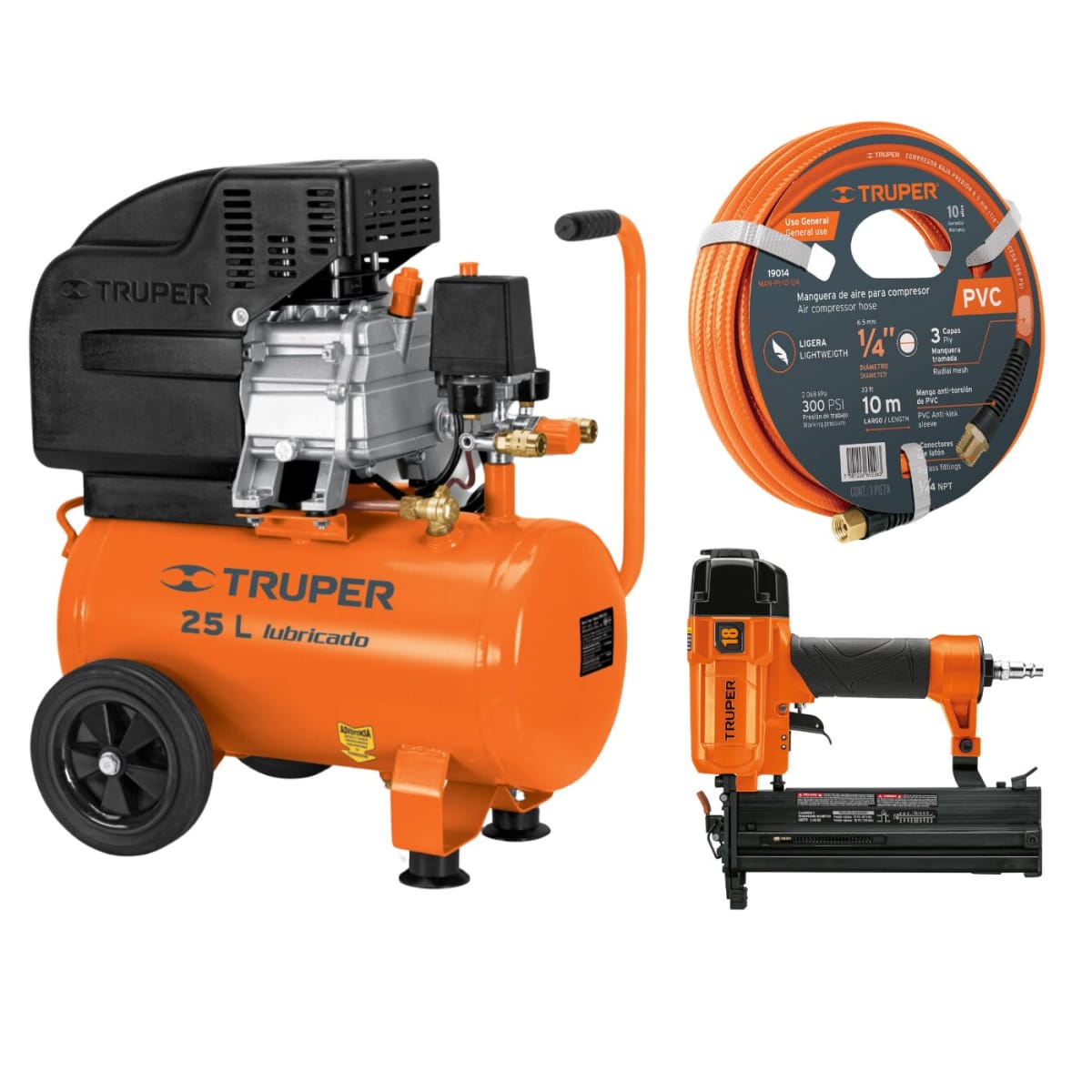 Kit Compresora 25 L , manguera 10m con clavadora y engrapadora Calibre 18 Truper1