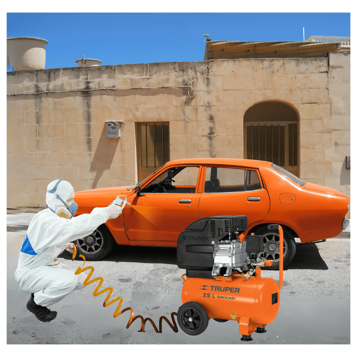 KIT Compresora lubricada, 25 L + MANGUERA TIPO RESORTE 15M Y PISTOLA DE SOPLETEAR TRUPER10