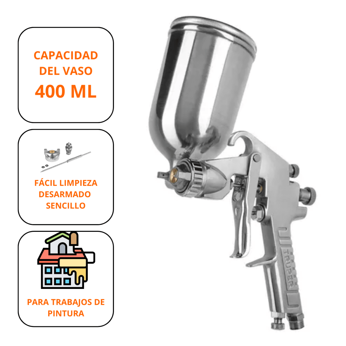 Pistola para pintar de gravedad boquilla 1mm y manguera de 10m Truper3