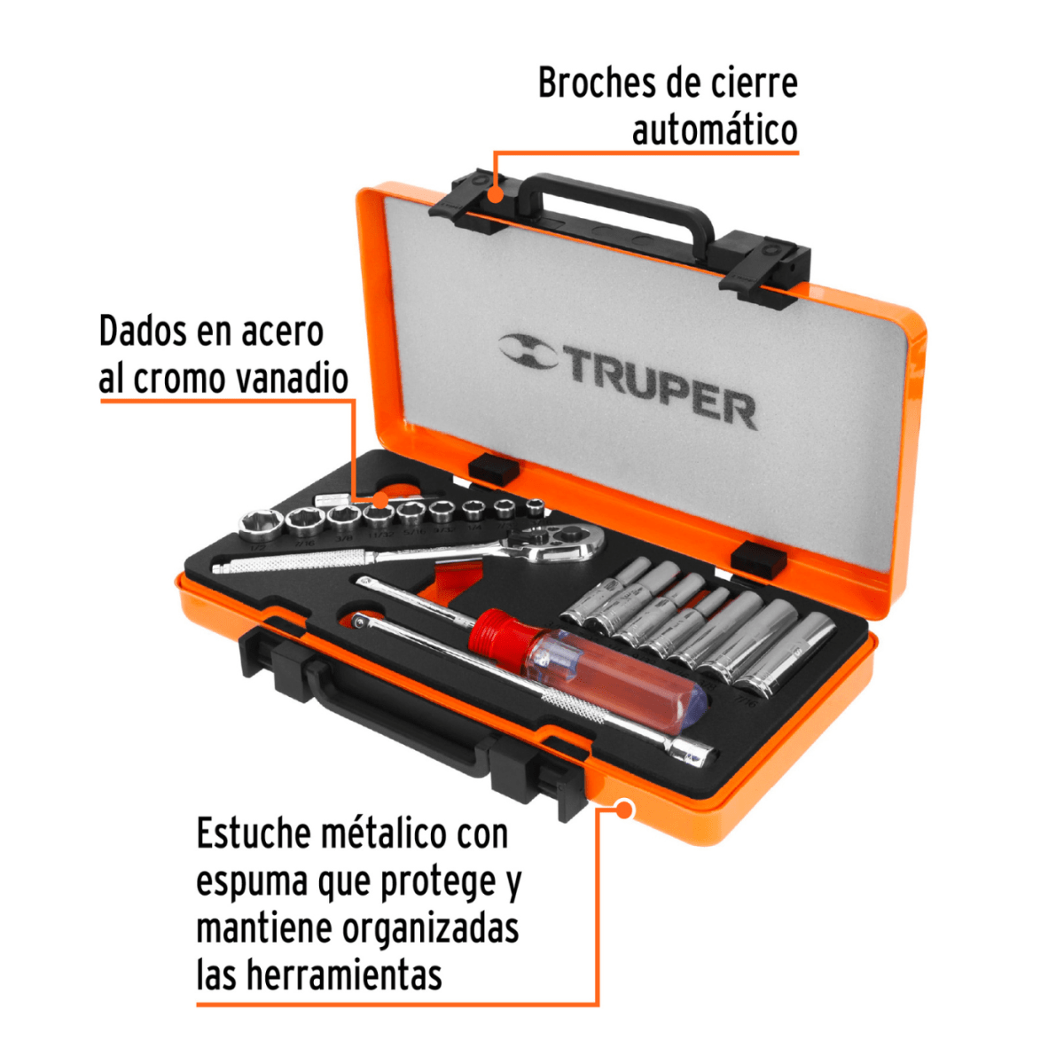 Juego de 20 herramientas cuadro 1/4'' std para mecánico Truper4