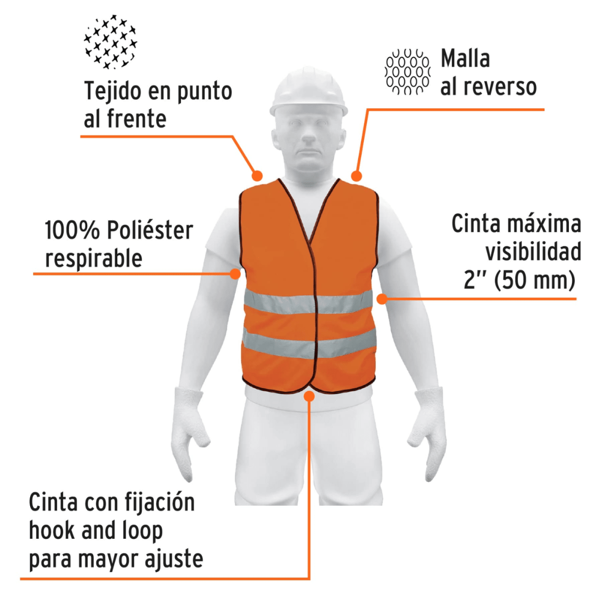 Chaleco de seguridad naranja con cintas de alta visibilidad Truper3