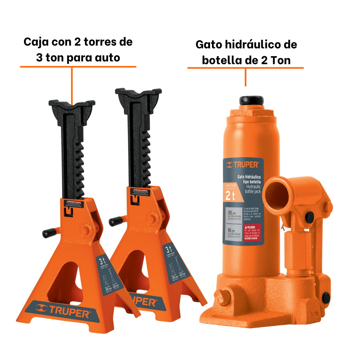 Combo Gata Hidraulica 2Tn Tipo botella + Caballete 3 toneladas truper2