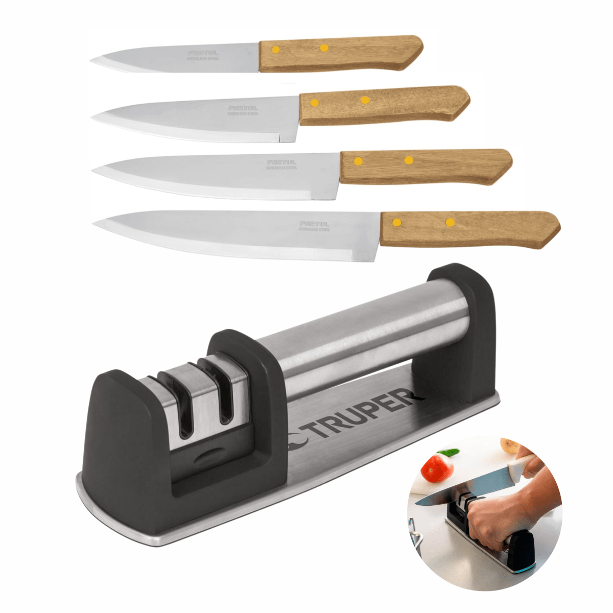 Combo 4 cuchillos con afilador de cuchillos inox. Truper1