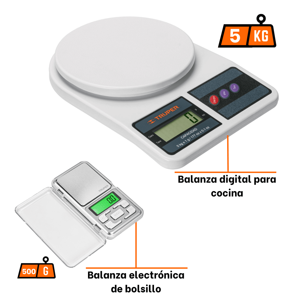 Balanza para cocina de plastico 5kg y balanza de bolsillo 500g truper2