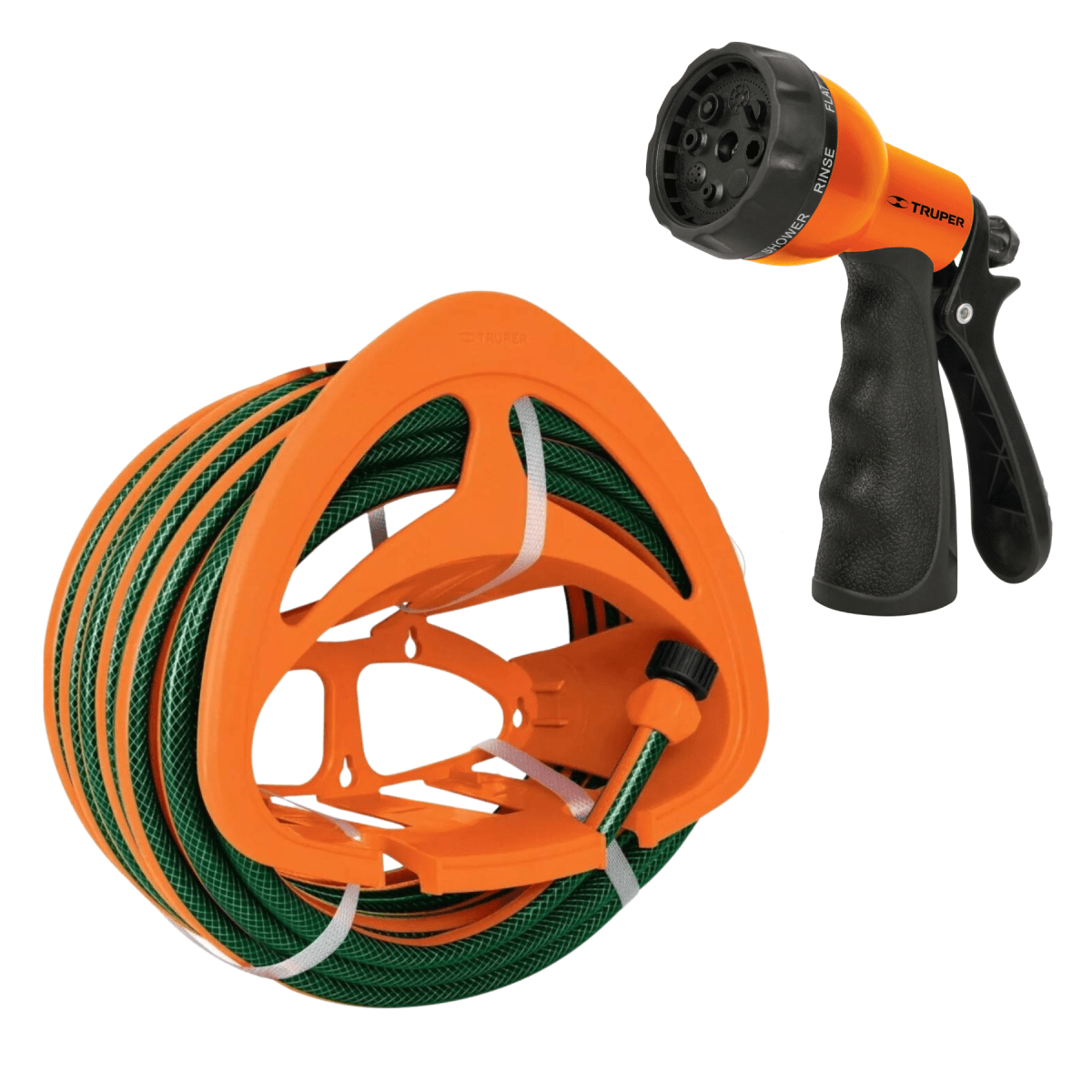 Manguera de riego 20m + pistola de riego y porta manguera Truper1