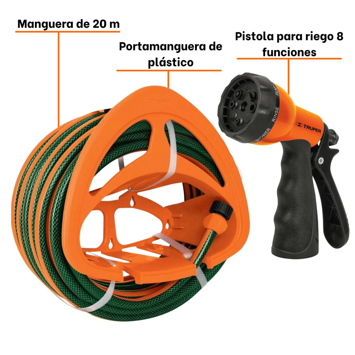 Manguera de riego 20m + pistola de riego y porta manguera Truper2