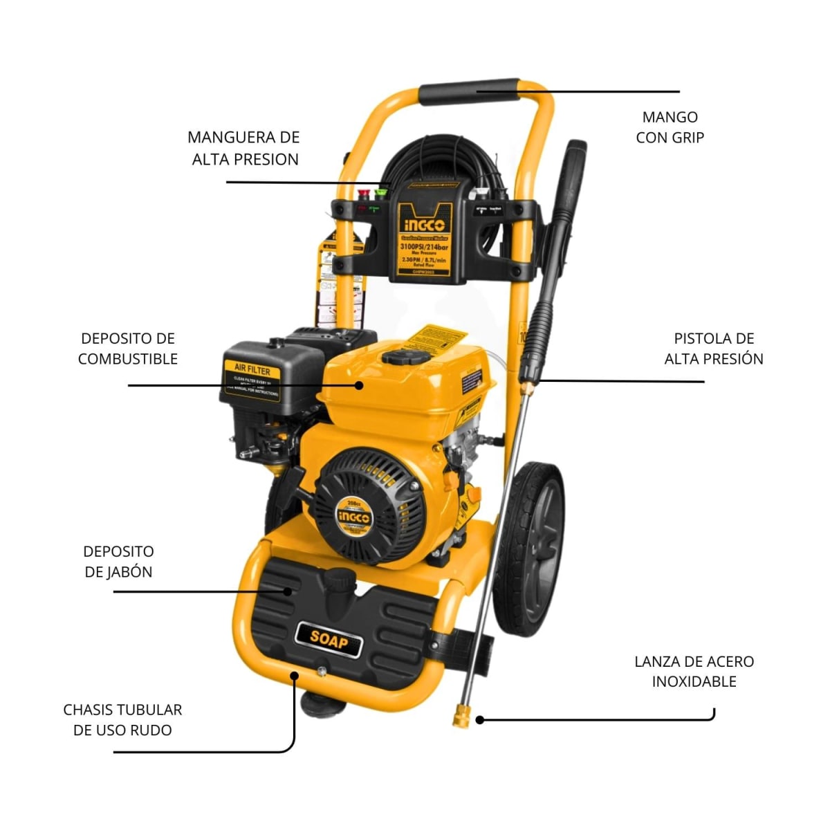 Hidrolavadora Industrial 3100 PSI 214 Bar a Gasolina Ingco3