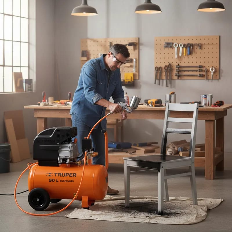 Combo compresora de 50L con manguera y pistola para pintar3