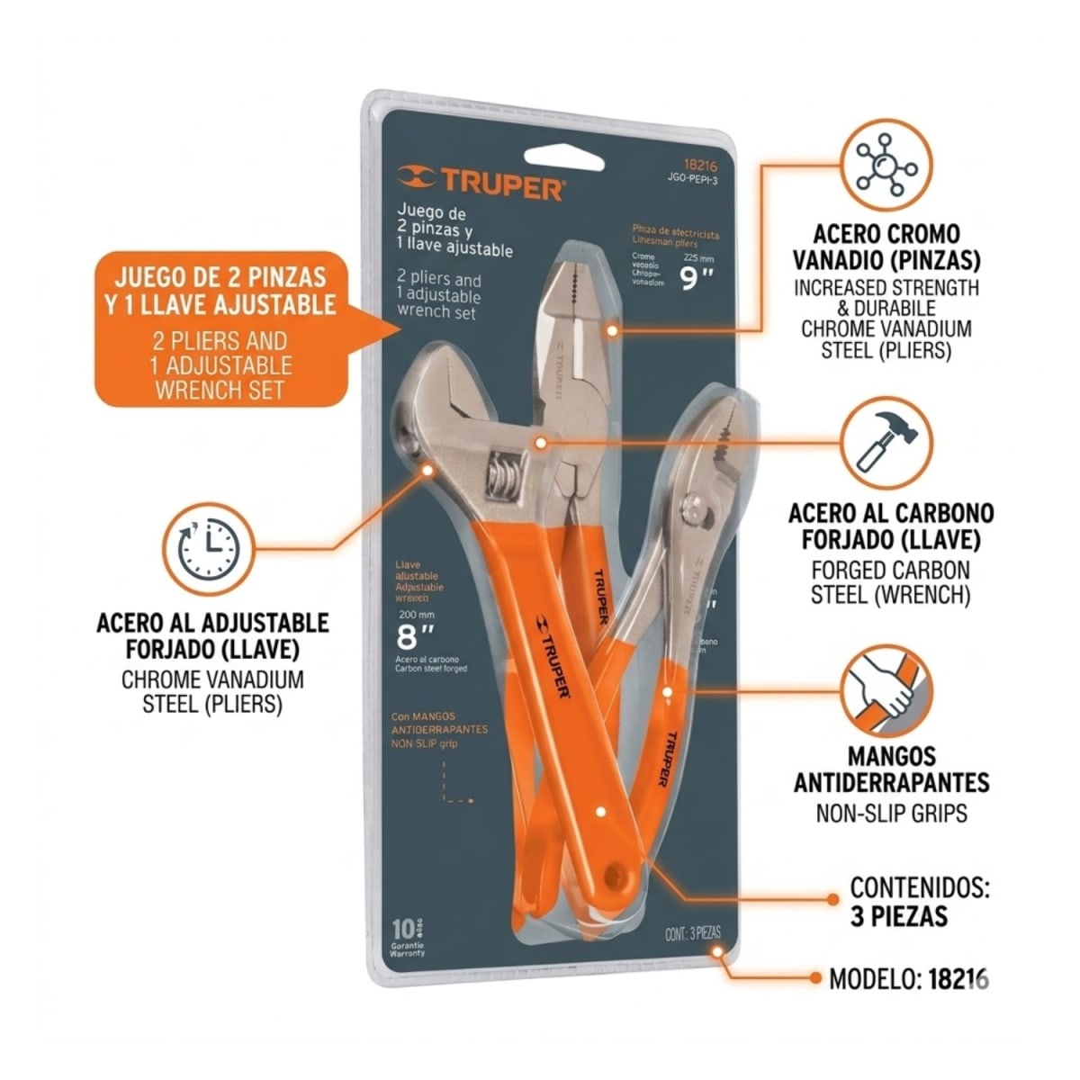 Juego de 2 alicates y llave francesa mango de PVC Truper4