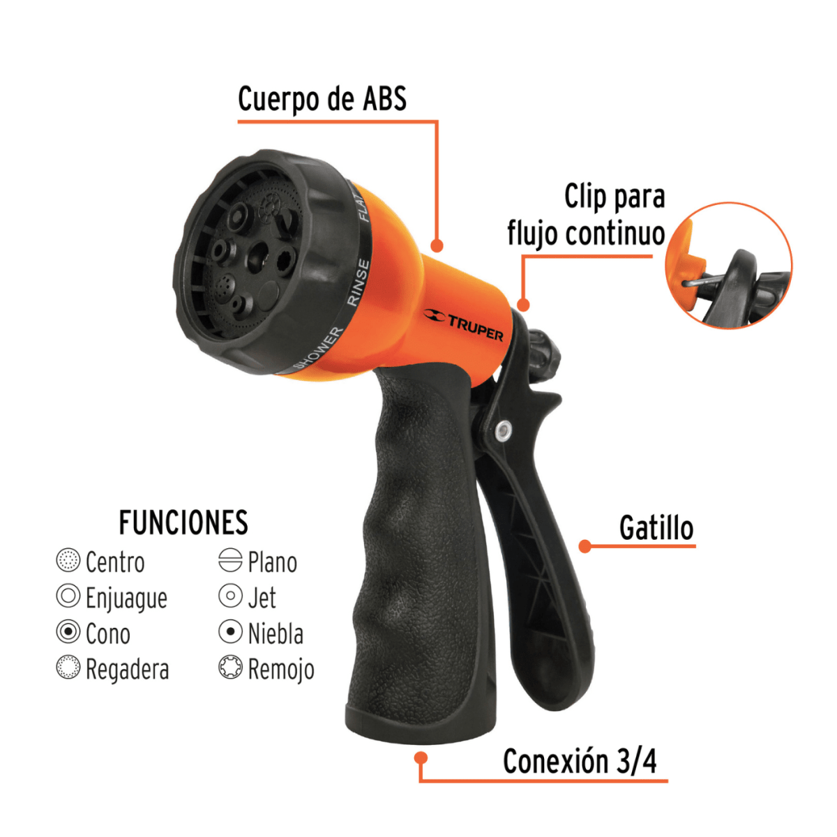 Pistola para riego de 8 funciones plástica Truper 184825