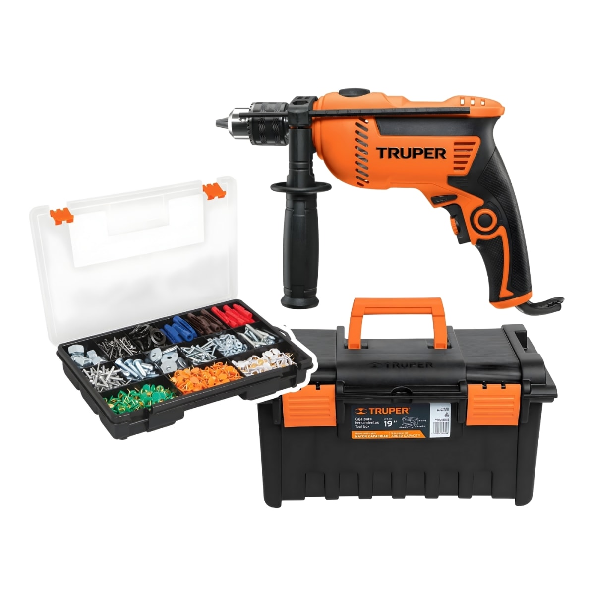 Combo Taladro Percutor 600w + Caja de Herramienta 19'' + Organizador Truper1