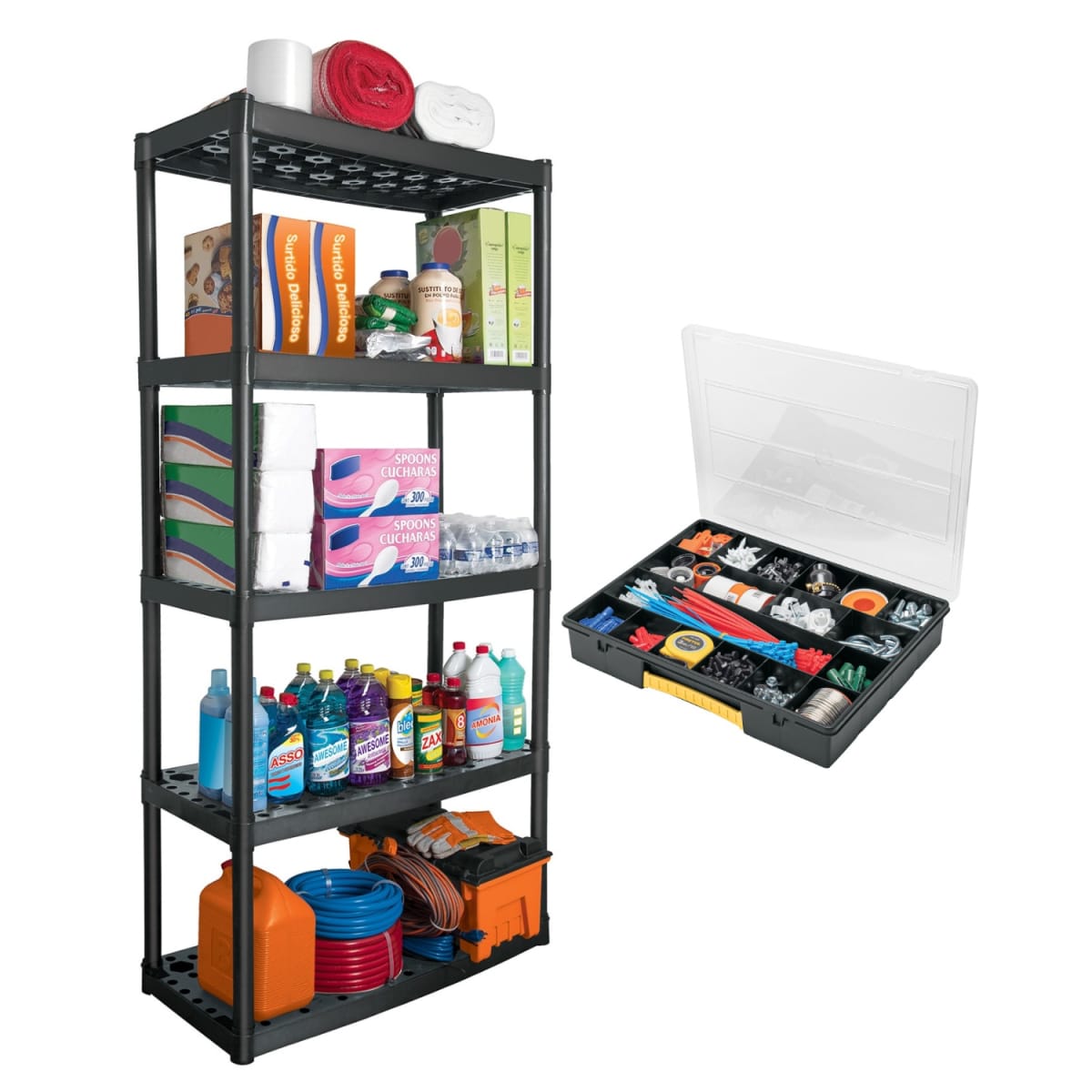 Kit Estante 5 Repisas Truper + Organizador 18 Compartimentos Pretul1