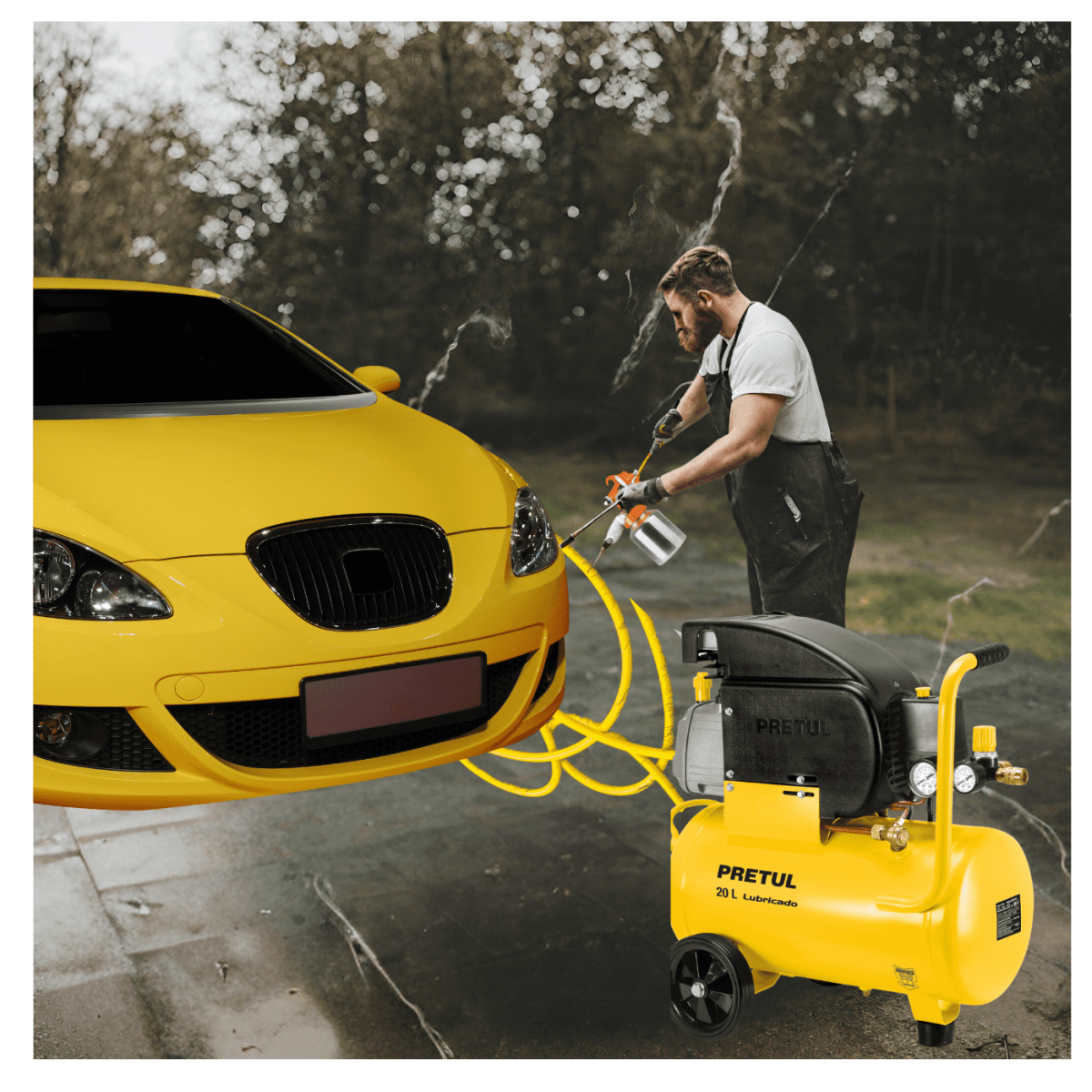 Kit Compresora lubricada 20 L Pretul + Pistola para pintar Baja presion Naranja y manguera de pvc para compresor, 5 m x 1/4', pretul10