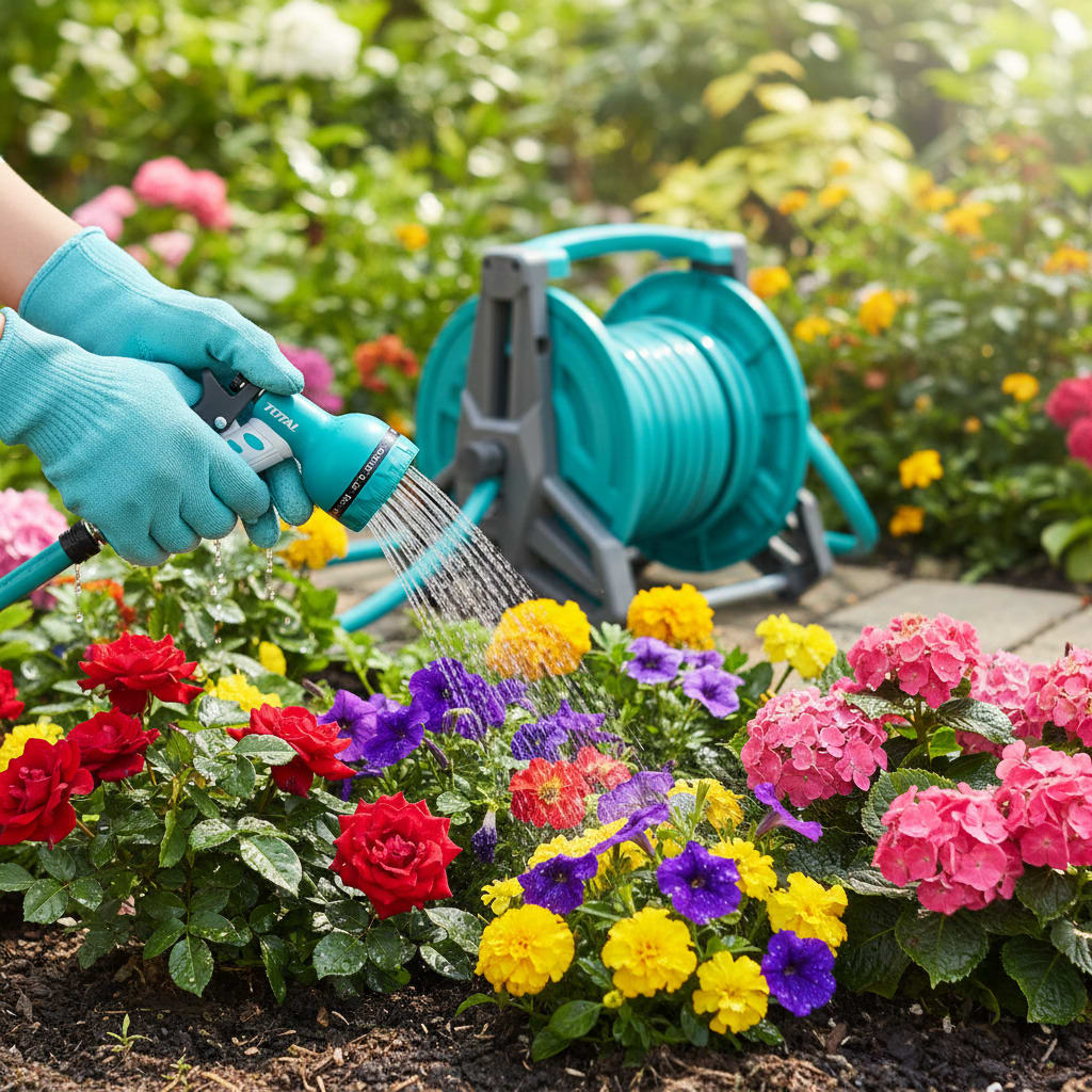 Pistola de Riego 9 funciones + manguera 20mts + conectores Total3