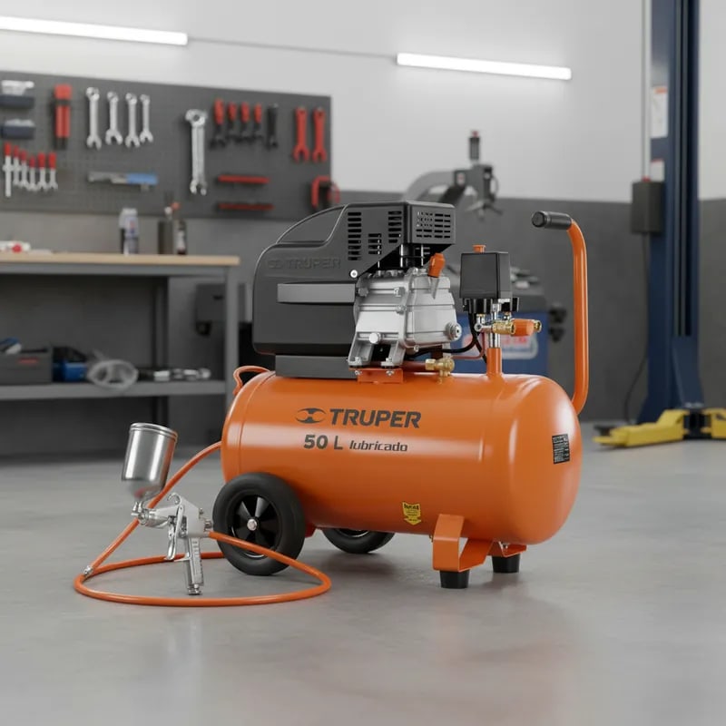 Combo compresora de 50L con manguera y pistola para pintar2