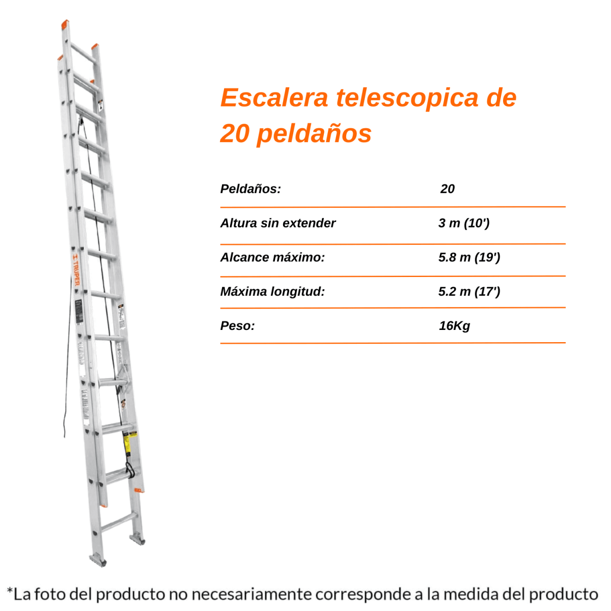 Escalera de extensión, tipo II, 20 peldaños, Truper4