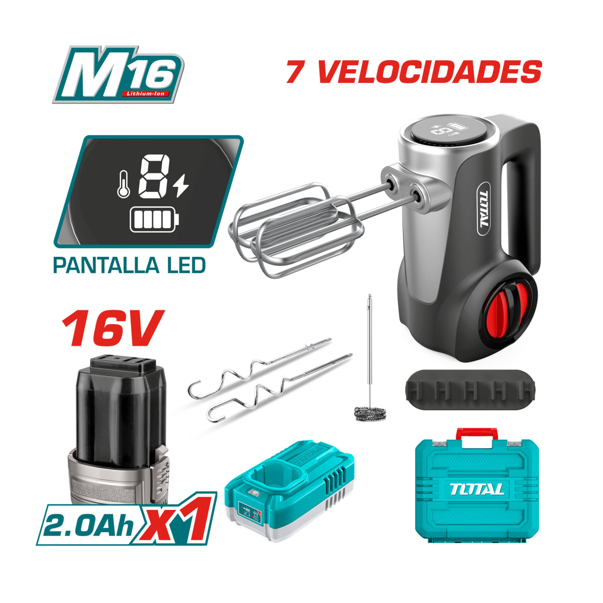 Set de Batidora 7 velocidades + Accesorios + Bateria y Cargador 16v Total3