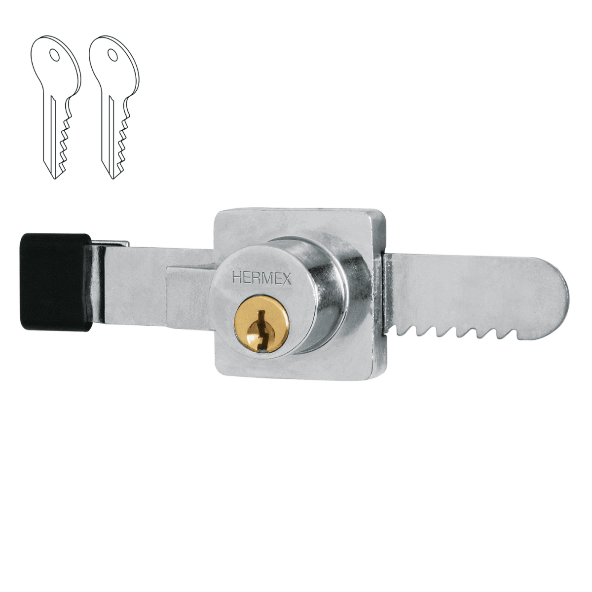 Chapa cerradura para vitrina tipo serrucho Hermex1