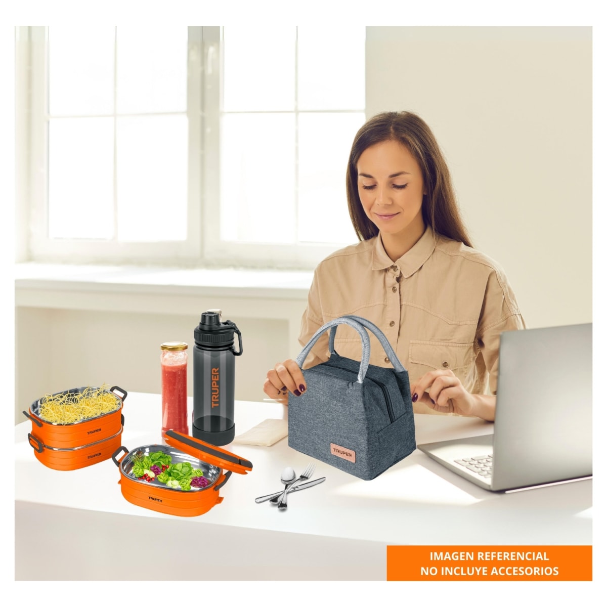 Mochila porta laptop + lonchera térmica + tomatodo Truper11
