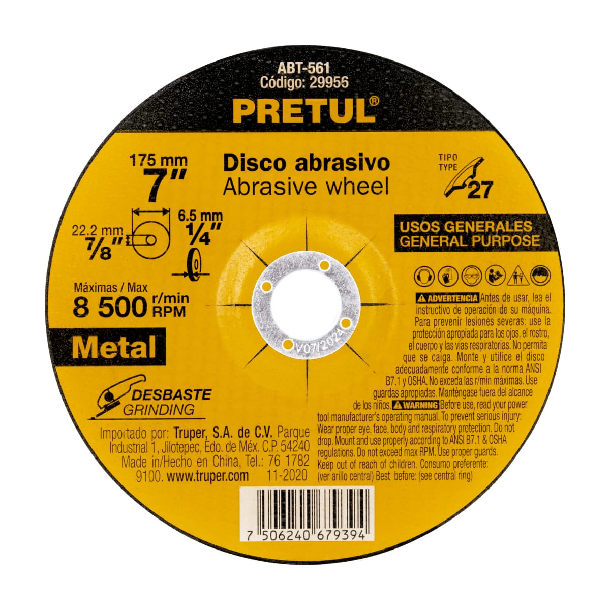 Disco Tipo 27 de 7´´ x 6.2 mm desbaste de metal, Pretul1