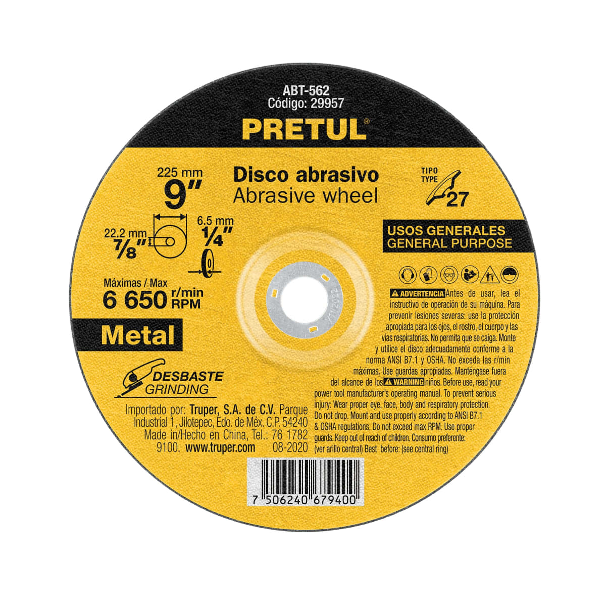 Disco Tipo 27 de 9´´ x 6.2 mm desbaste de metal, Pretul1