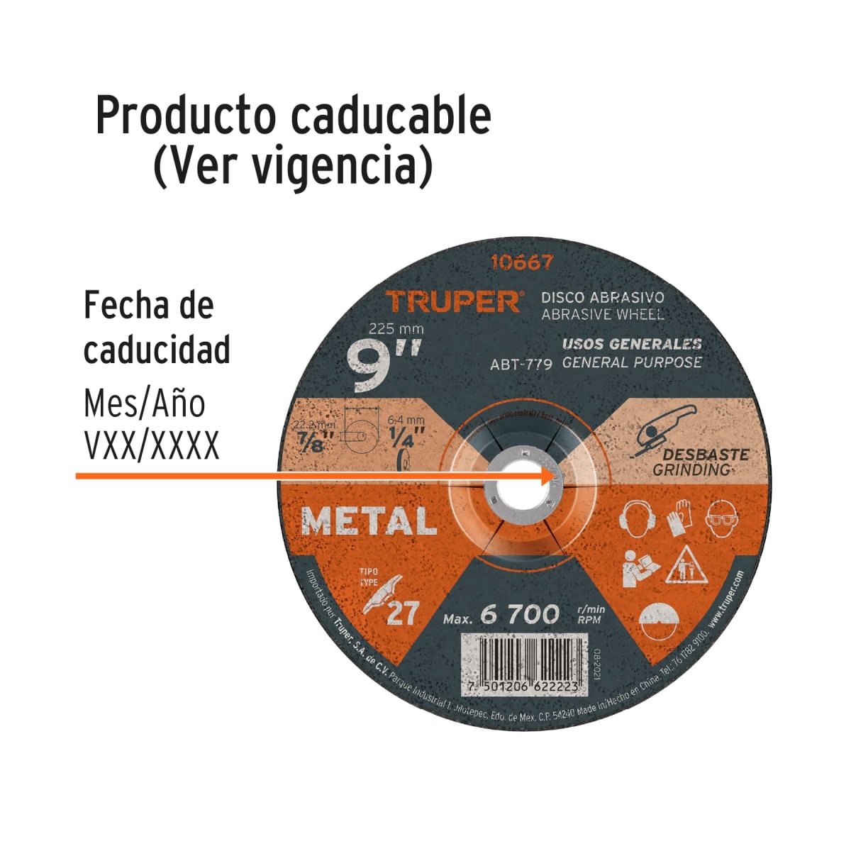 Disco Tipo 27 de 9´´ x 6.4 mm para desbaste de metal, Truper2