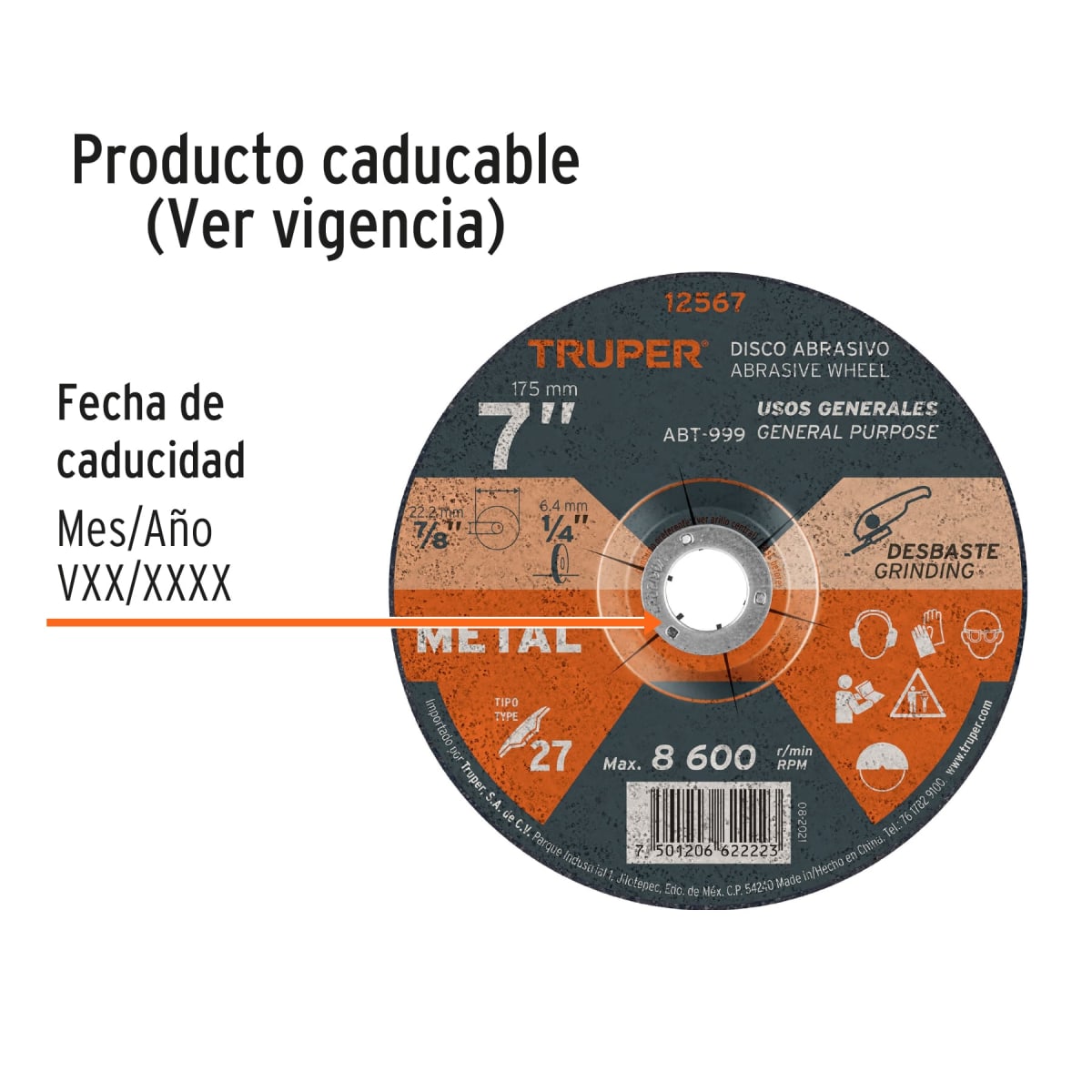 Disco tipo 27 de 7'' x 6.4 mm para desbaste de metal Truper2