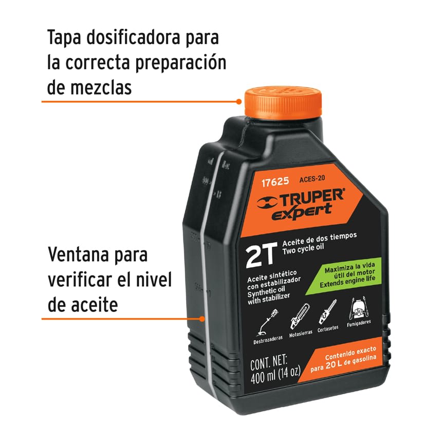 Aceite sintético para motor de 2 tiempos, 400 ml Truper2