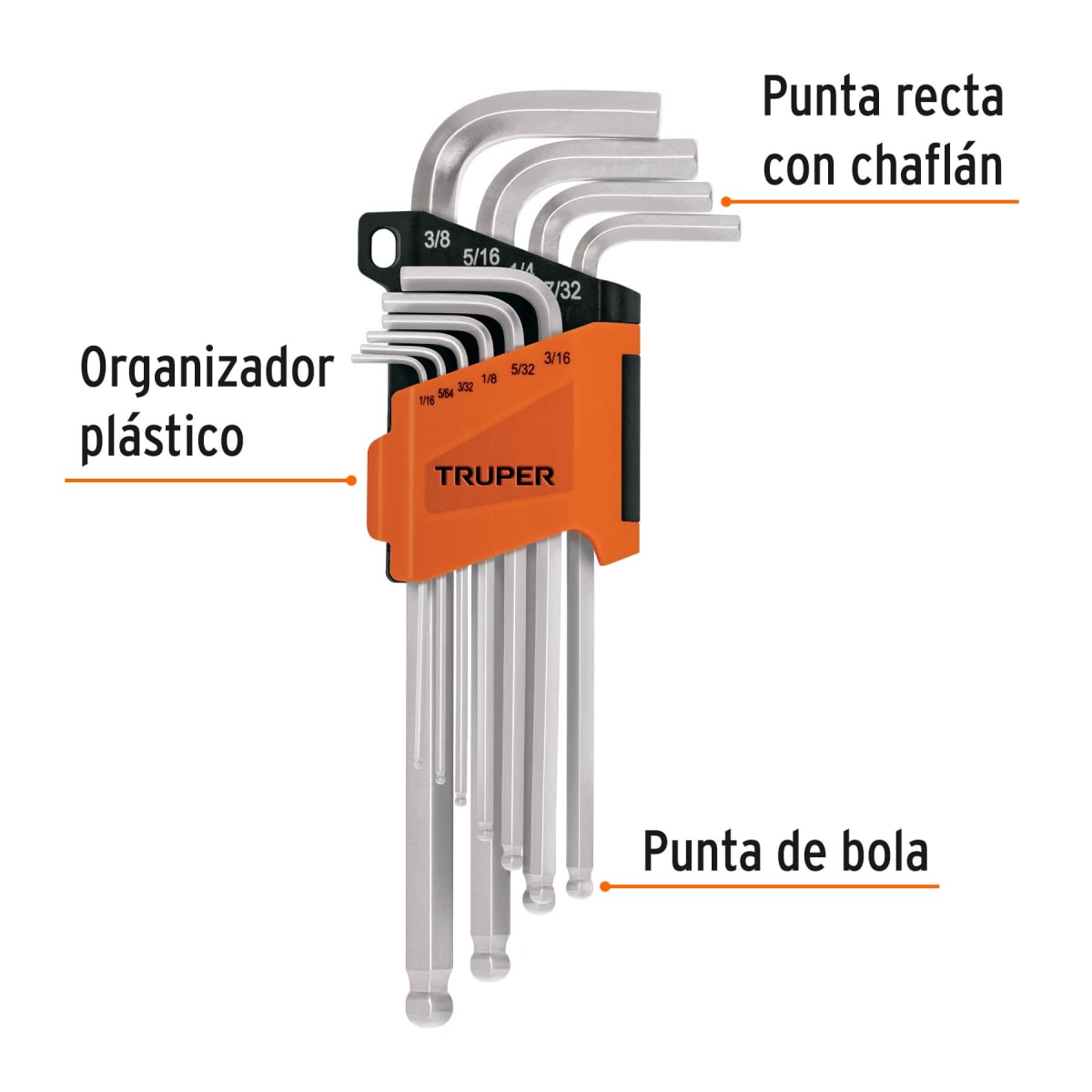 Juego 10 llaves allen largas std punta bola con organizador Truper2