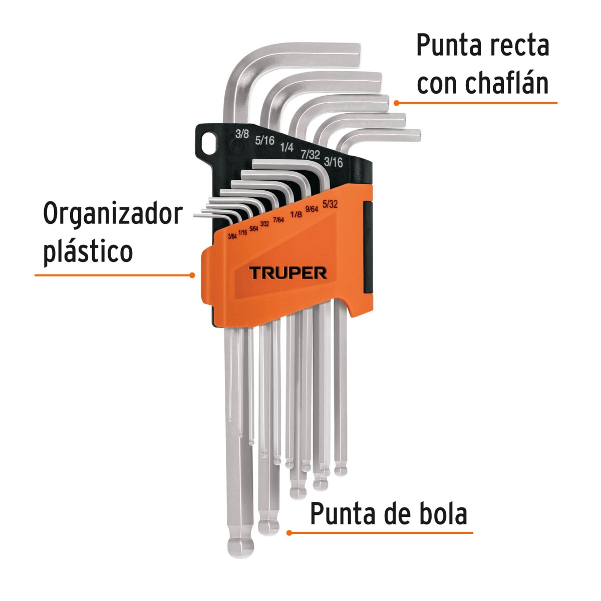 Juego 13 llaves allen largas std punta bola con organizador Truper2