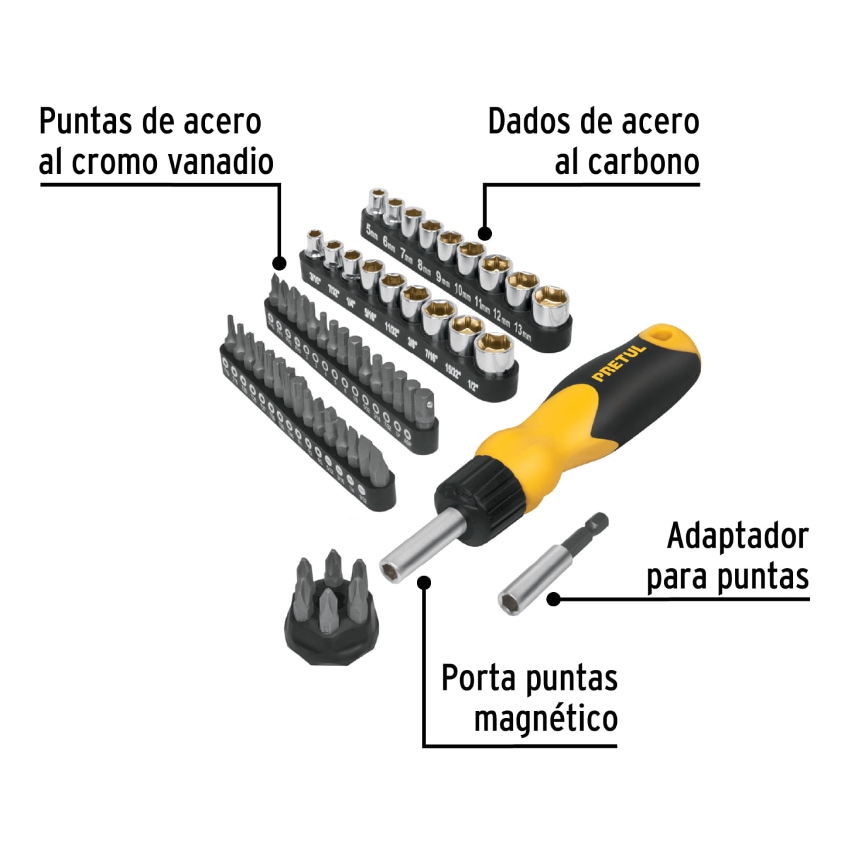 Desarmador tipo ratchet con 35 puntas y 18 dados Pretul3