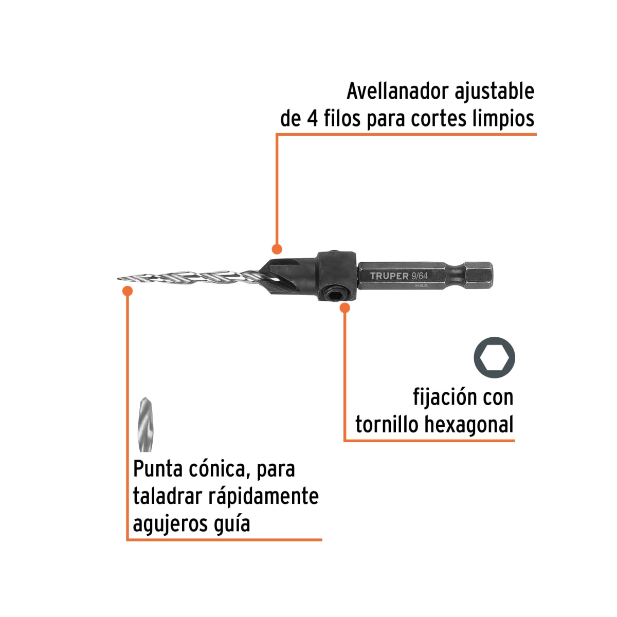 BAM-6 Broca avellanadora #6 para madera, 9/64', Truper2