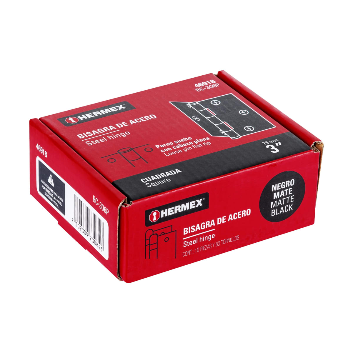 bisagra cuadrada 3', acero negro, cabeza plana, hermex4
