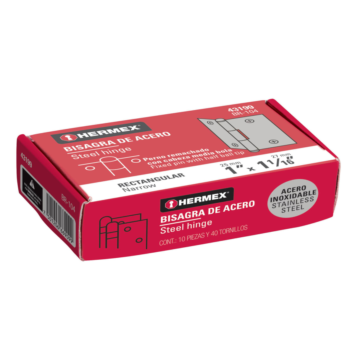 Bisagra rectangular 1´´ acero inox, cabeza media bola, Hermex (Caja de 10 unidades)4