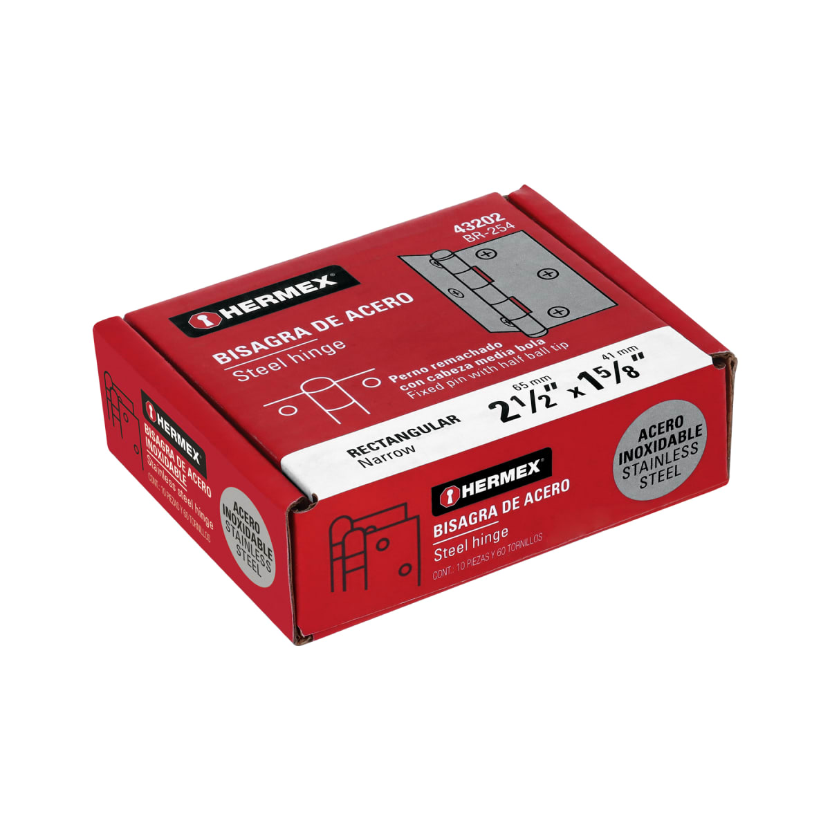 Bisagra rectangular 2-1/2´´ acero inox, cabeza media bola, Hermex (Caja de 10 unidades)4