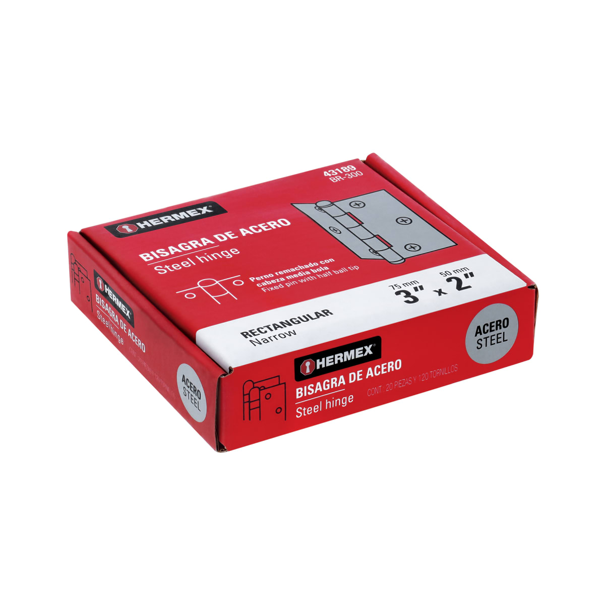 Bisagra rectangular 3´´ acero pulido, cabeza media bola, Hermex (Caja de 20 unidades)4