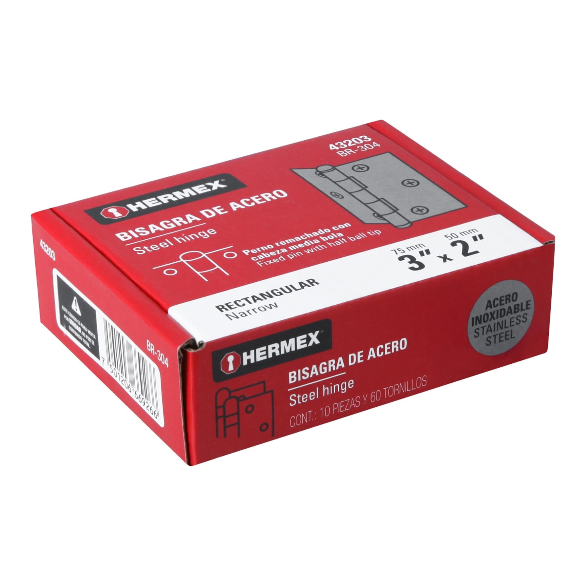 Bisagra rectangular 3´´ acero inox, cabeza media bola, Hermex (Caja de 10 unidades)4